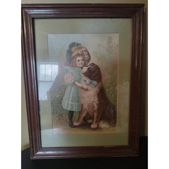 Vintage Framed Victorian Girl & Dog – Antique Wall Art Pet Portrait Art - Picture 2 of 4